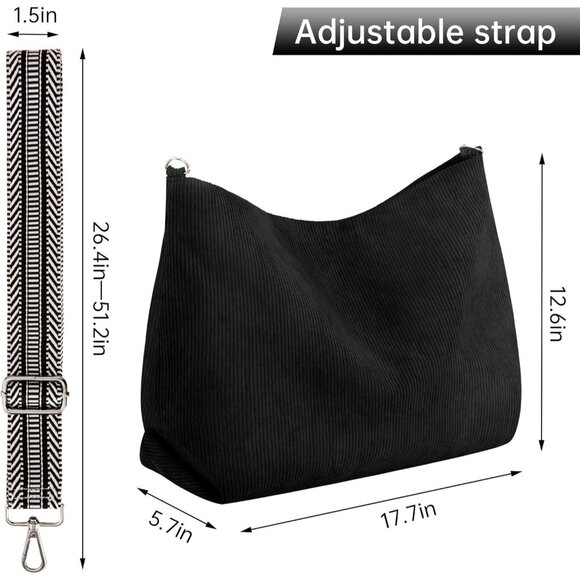 Women’s Black Corduroy Tote Shoulder Bag with Adjustment Straps And Zipper - Picture 4 of 7